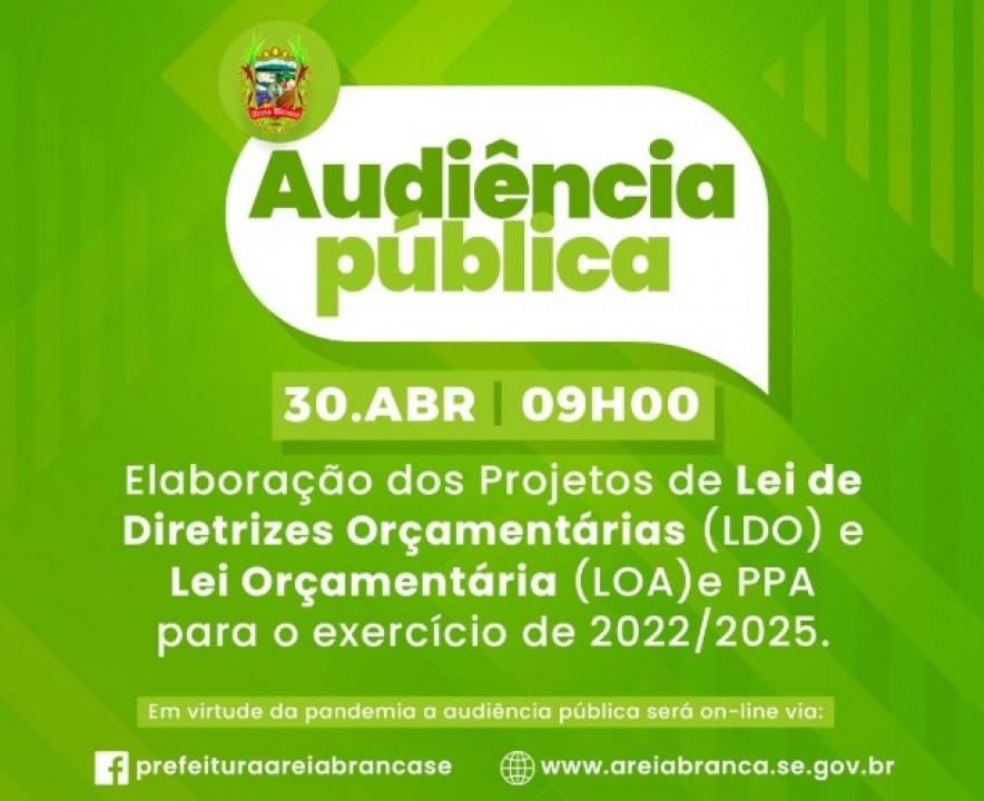 Prefeitura realiza no dia 30 de abril Audiência Pública sobre a LDO, LOA e PPA